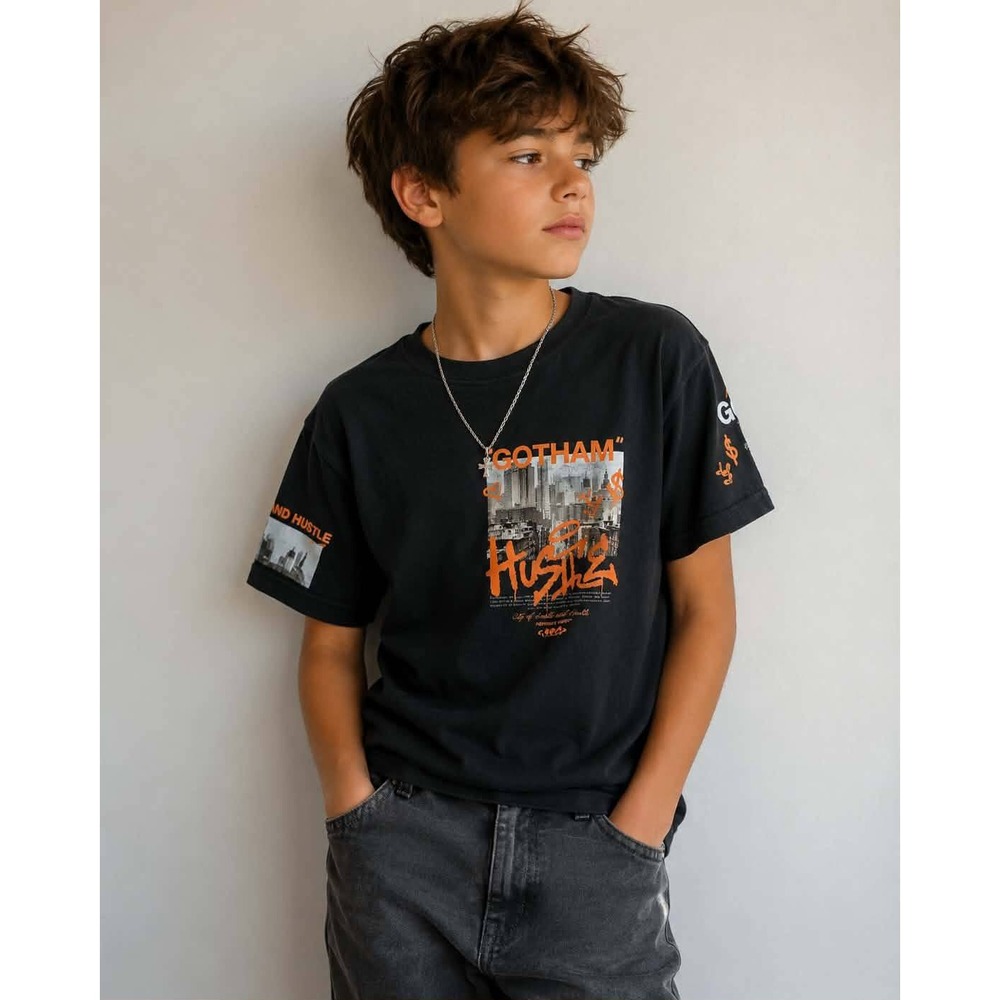 Fresh Laundry Gotham Hustle Graphic T-Shirt Kids Large Black Orange NYC Urban